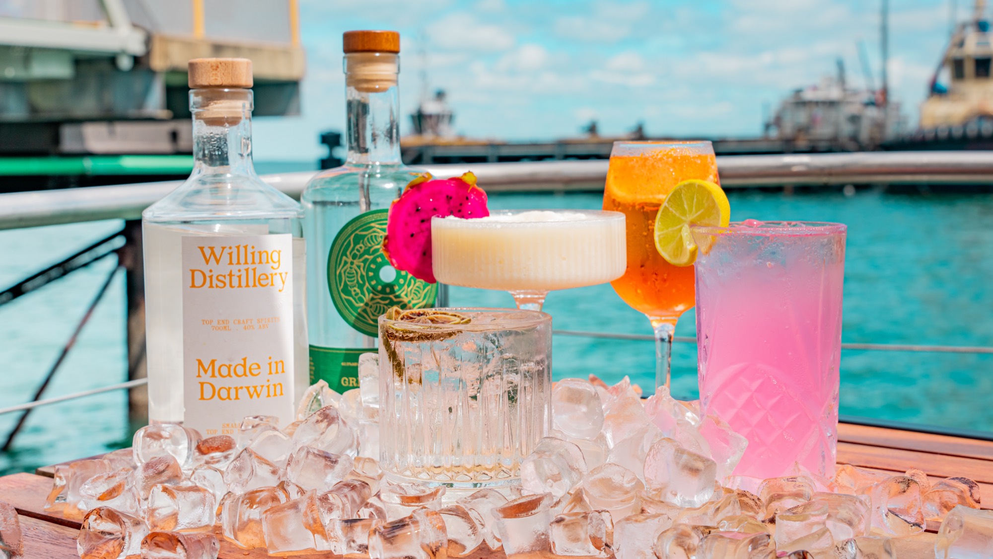 Sunset cocktails on ice at Stokes Hill Wharf before a Cape Adieu sundowner cruise