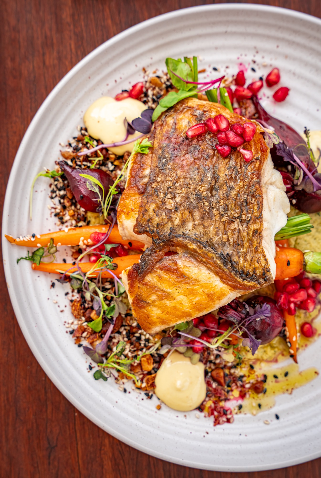 Four-course plated barramundi on a Cape Adieu sunset dinner cruise, Darwin Harbour