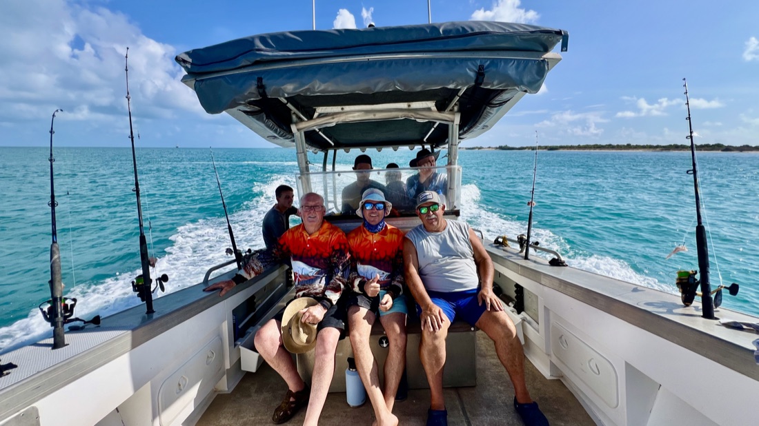 A group of guests heading out on a Cape Adieu offshore fishing charter from Darwin