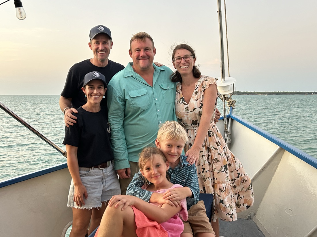 Family on deck at sunset aboard a Cape Adieu Darwin Harbour cruise